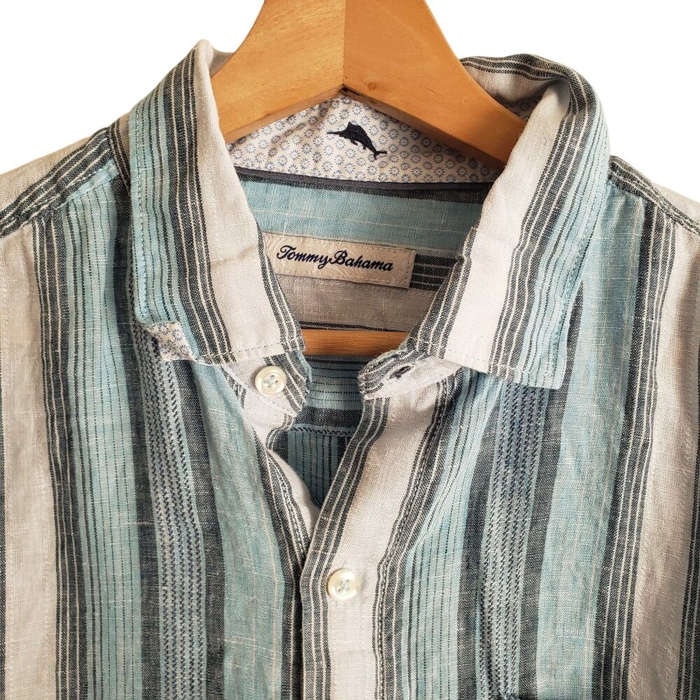 Tommy Bahama 100% Linen Striped Shirt Blue White Relaxed Fit Button-Up Shirt - Picture 3 of 11
